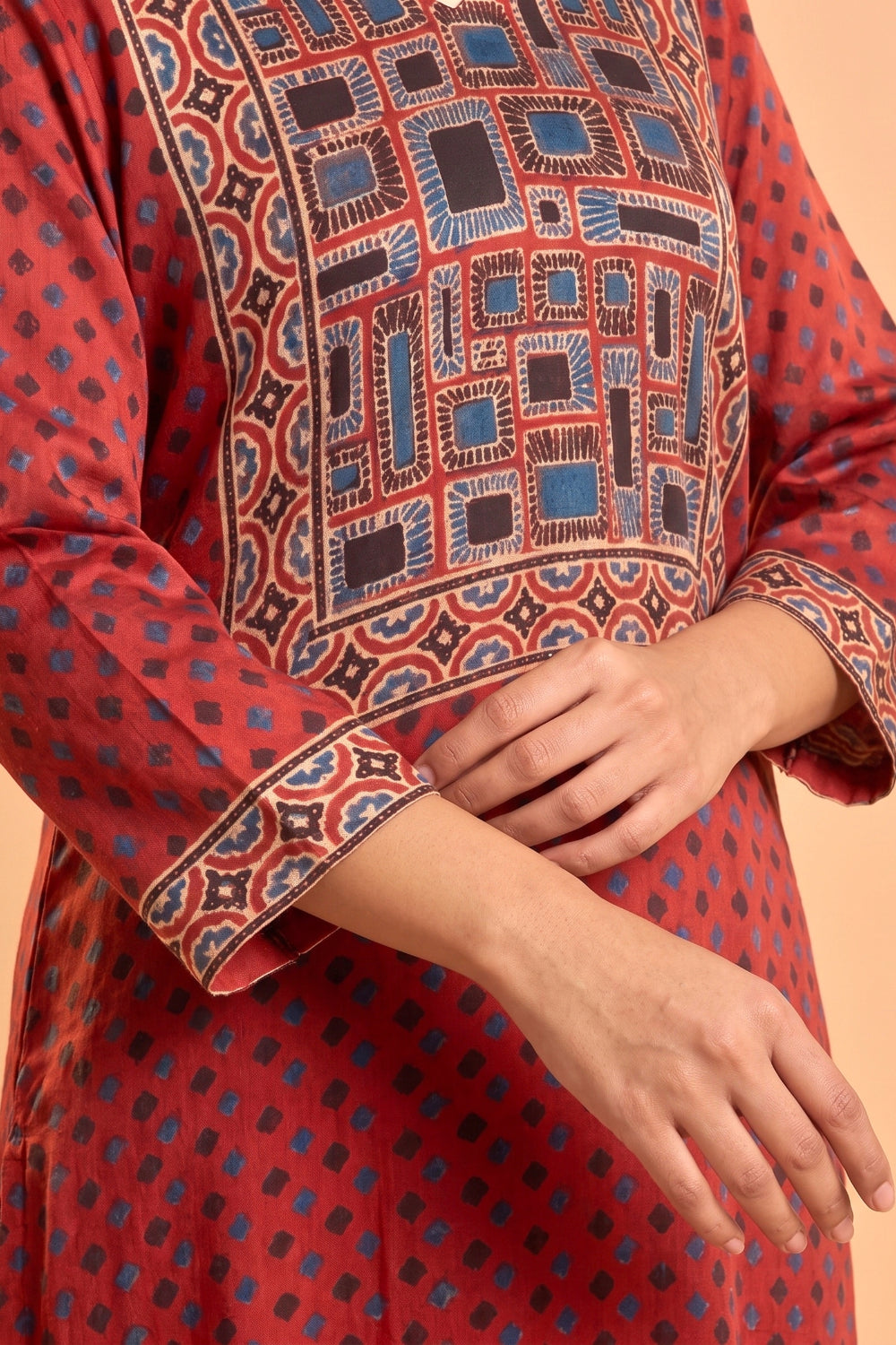 Rust Red Hand Ajrakh Placement Print Kurta Set in Modal Satin