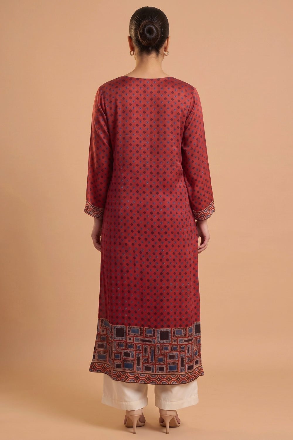Rust Red Hand Ajrakh Placement Print Kurta Set in Modal Satin
