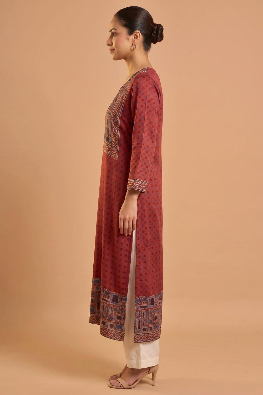 Rust Red Hand Ajrakh Placement Print Kurta Set in Modal Satin