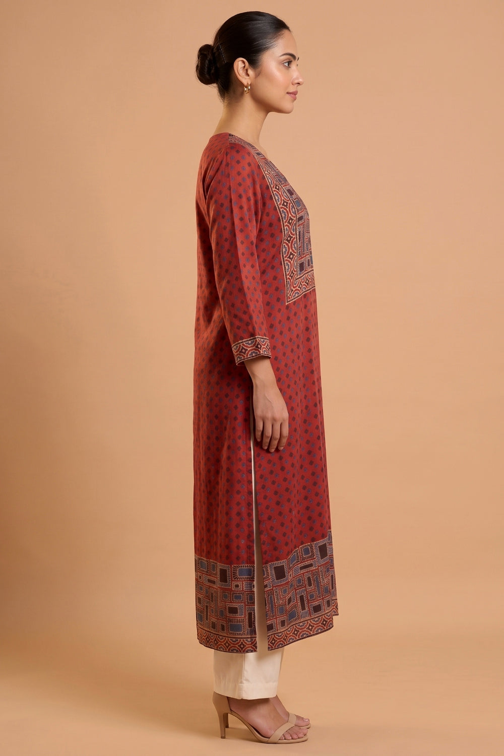 Rust Red Hand Ajrakh Placement Print Kurta Set in Modal Satin