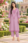 Mauve Chanderi Kurta Pant Set with Hand Block Placement Print & Adda Embroidery