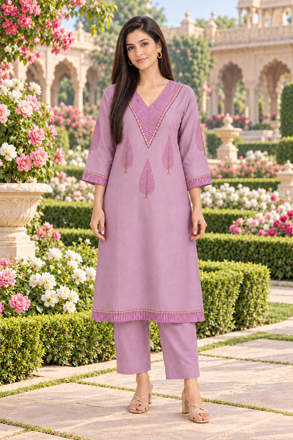 Mauve Chanderi Kurta Pant Set with Hand Block Placement Print & Adda Embroidery