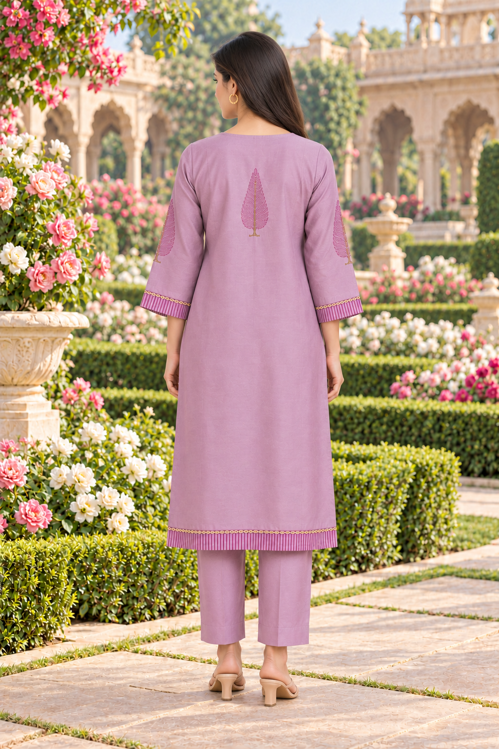 Mauve Chanderi Kurta Pant Set with Hand Block Placement Print & Adda Embroidery