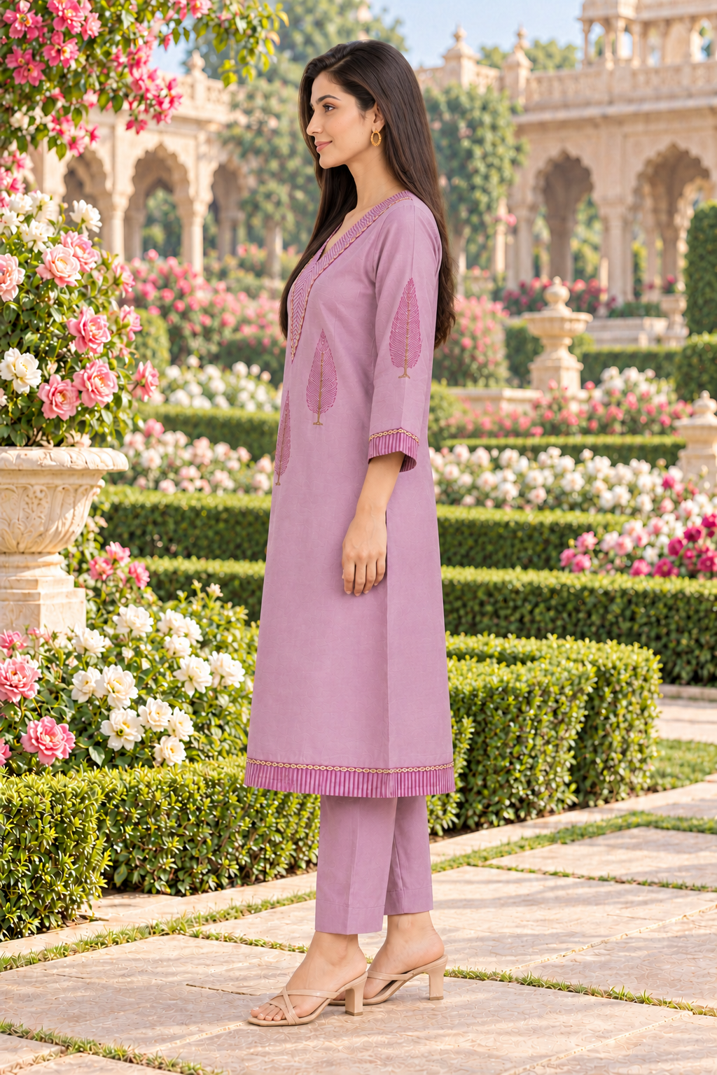Mauve Chanderi Kurta Pant Set with Hand Block Placement Print & Adda Embroidery