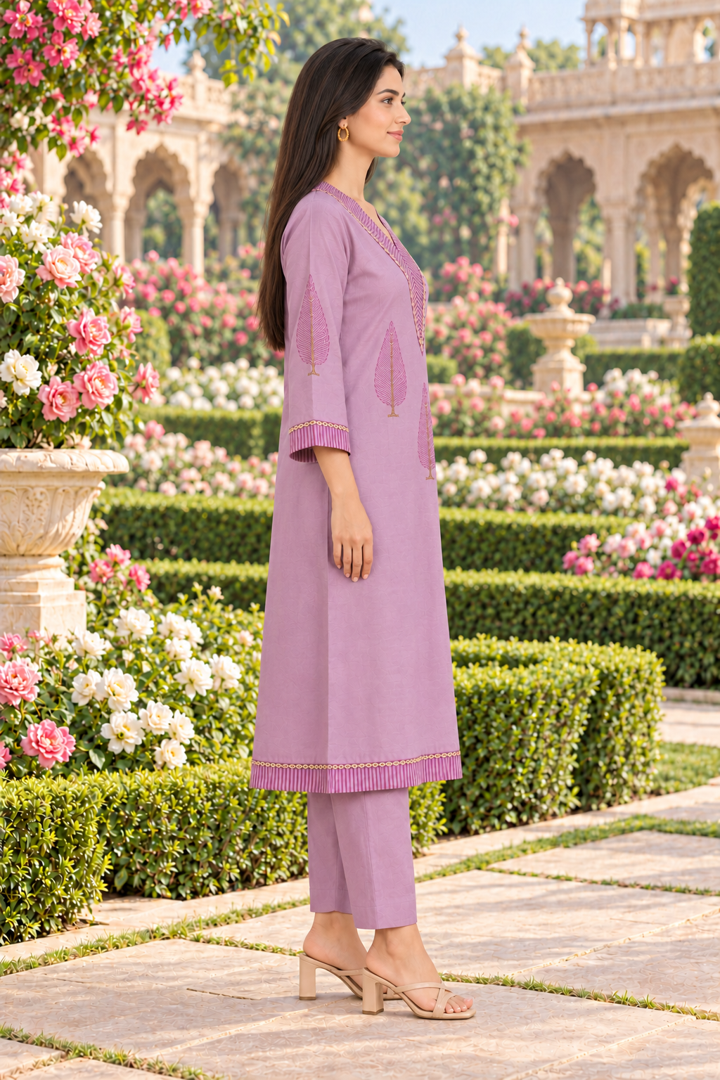Mauve Chanderi Kurta Pant Set with Hand Block Placement Print & Adda Embroidery