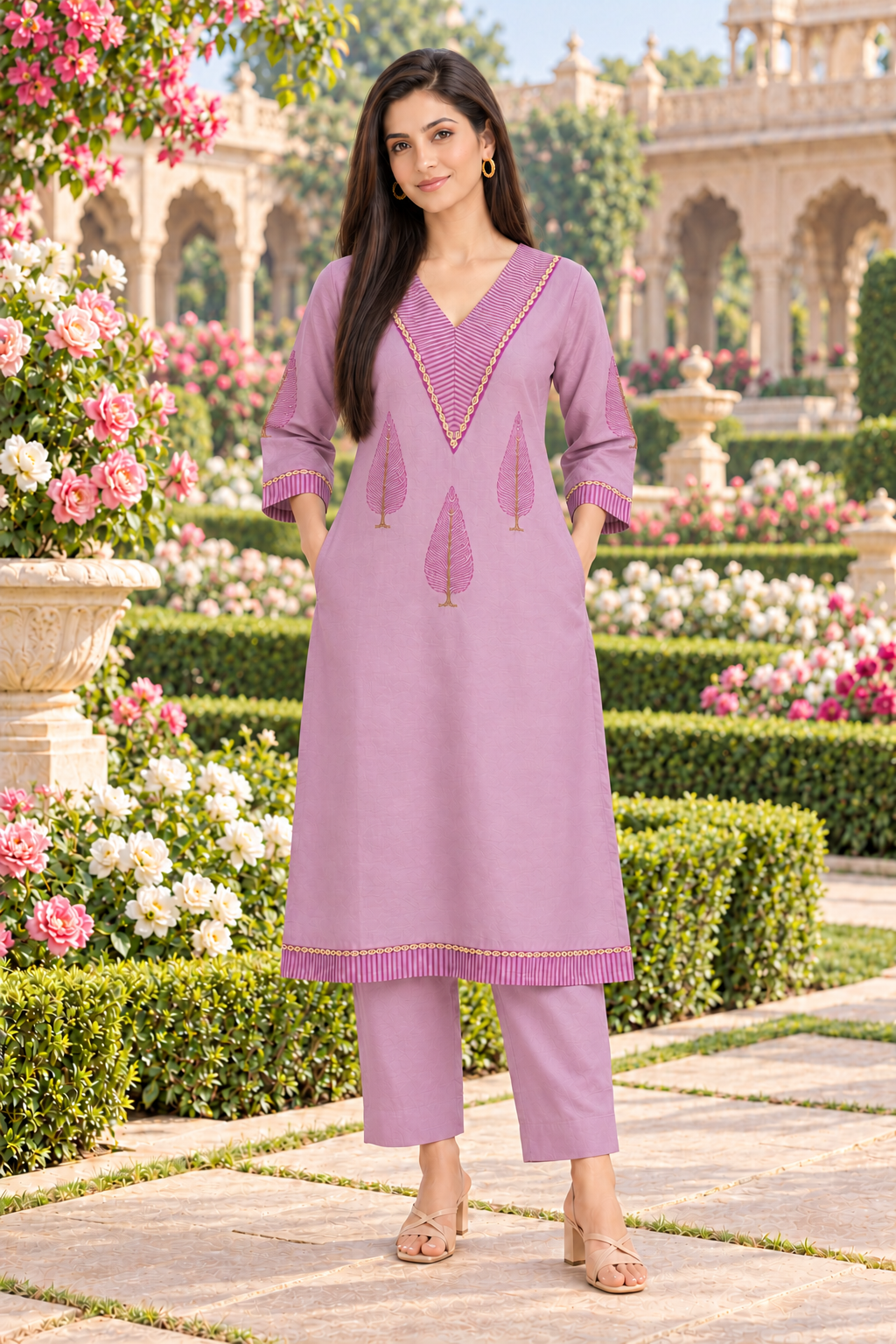 Mauve Chanderi Kurta Pant Set with Hand Block Placement Print & Adda Embroidery