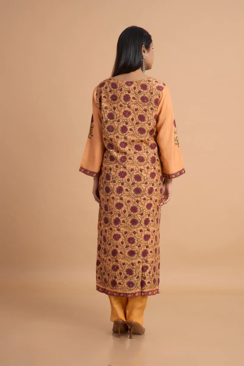Orange Muslin Satin Kurta Set with Hand Block Placement Print & Adda Embroidery