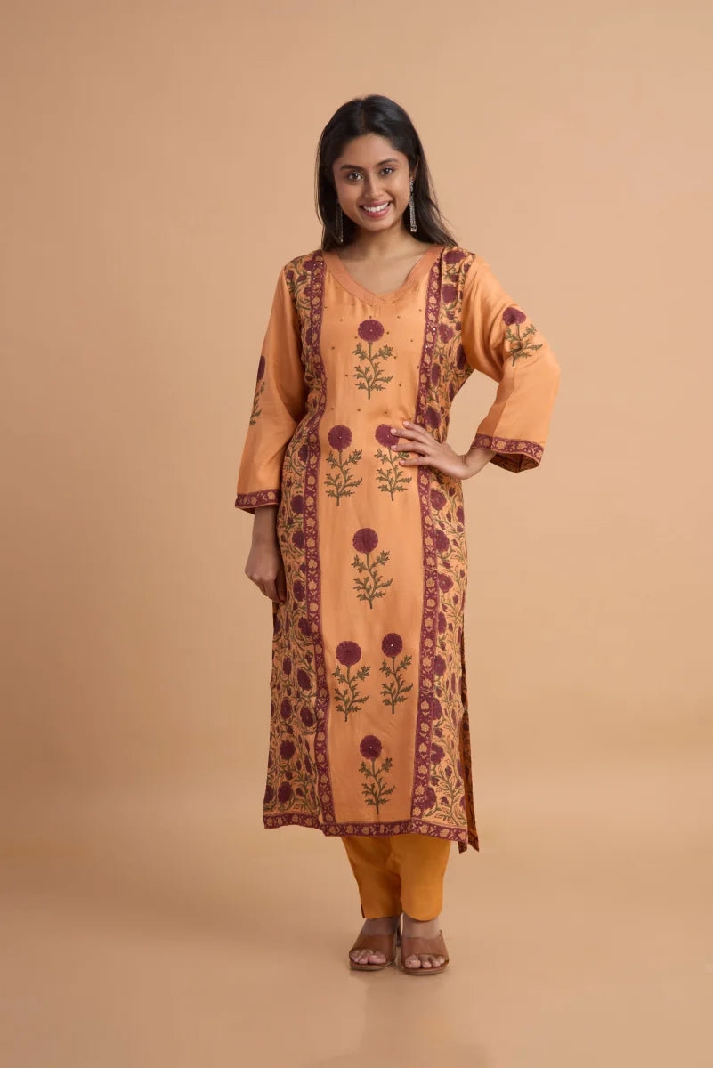Orange Muslin Satin Kurta Set with Hand Block Placement Print & Adda Embroidery