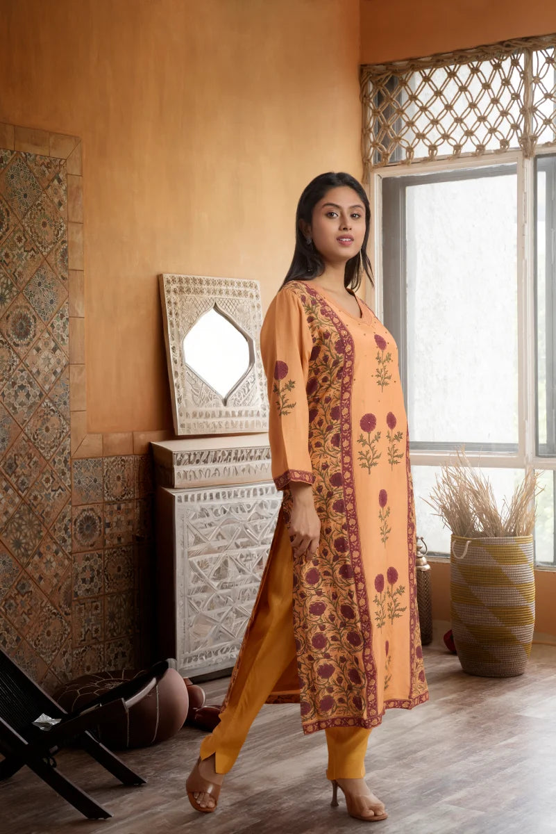 Orange Muslin Satin Kurta Set with Hand Block Placement Print & Adda Embroidery