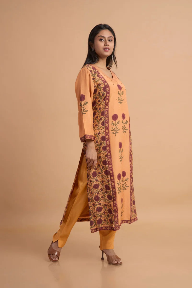 Orange Muslin Satin Kurta Set with Hand Block Placement Print & Adda Embroidery