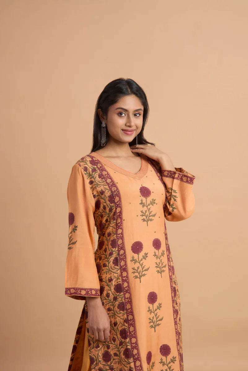 Orange Muslin Satin Kurta Set with Hand Block Placement Print & Adda Embroidery