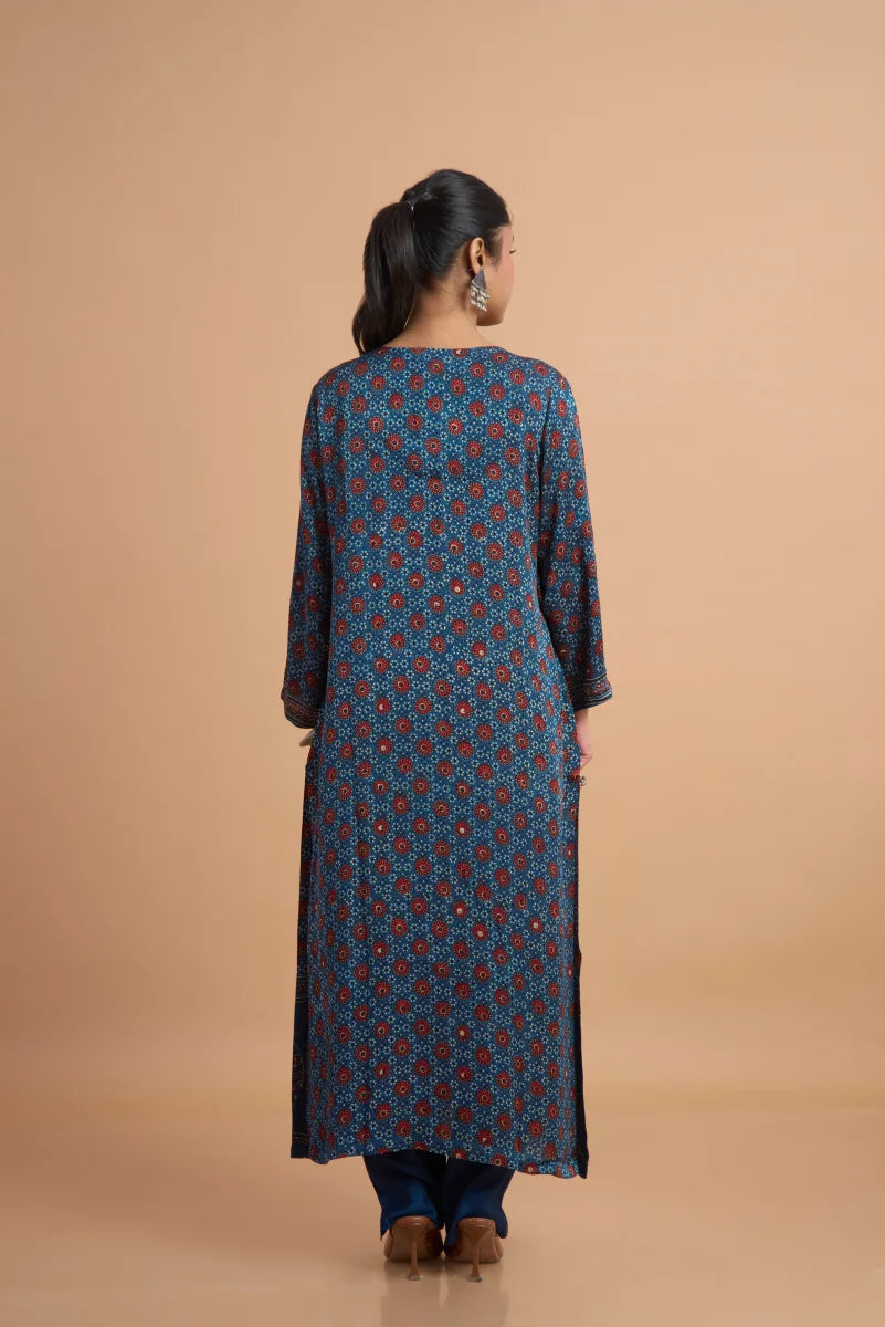 Indigo Hand Ajrakh Placement Print Kurta Set in Modal Satin