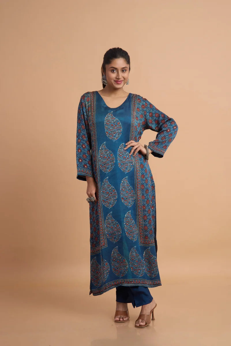 Indigo Hand Ajrakh Placement Print Kurta Set in Modal Satin