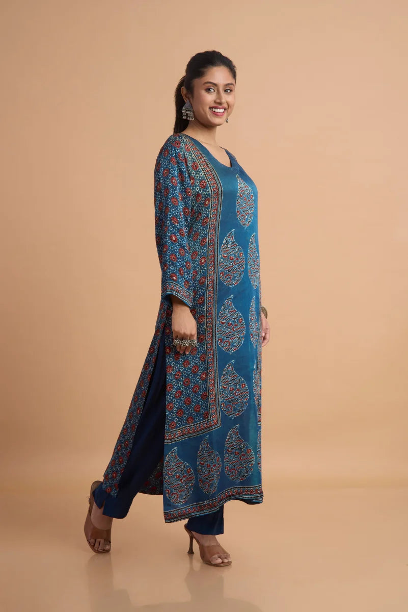 Indigo Hand Ajrakh Placement Print Kurta Set in Modal Satin