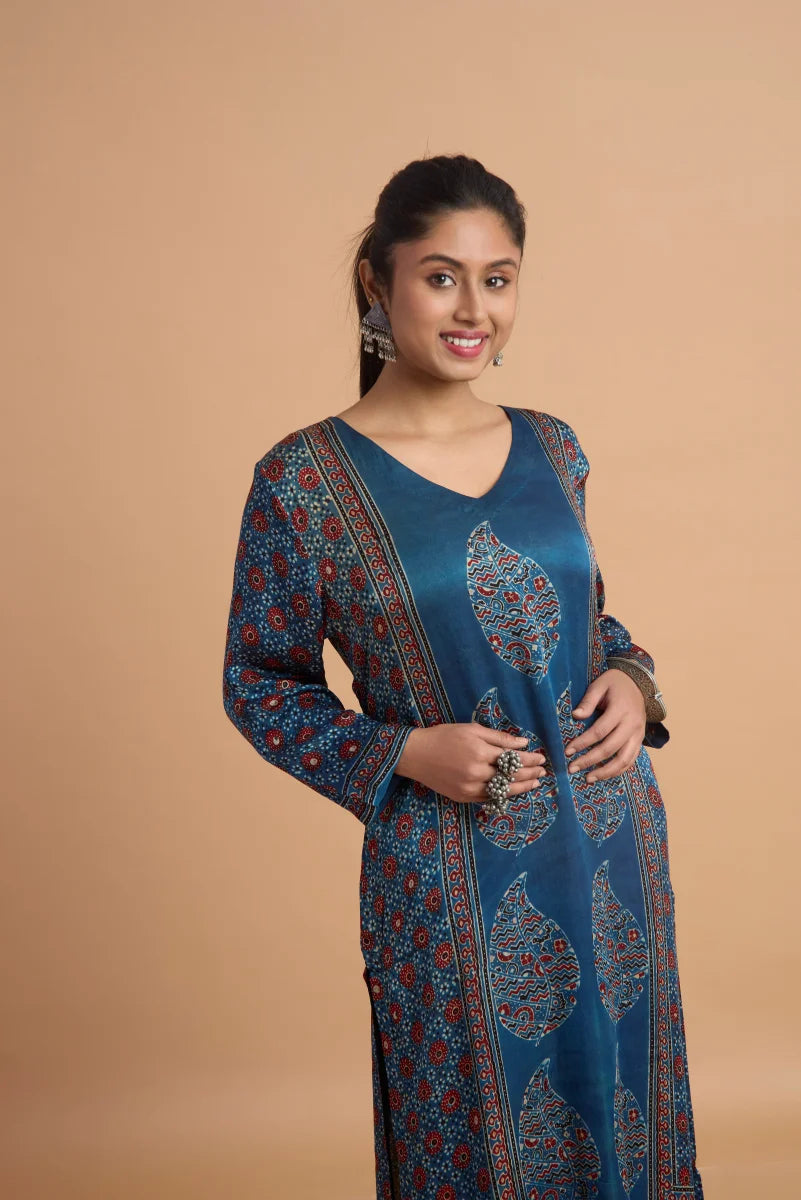 Indigo Hand Ajrakh Placement Print Kurta Set in Modal Satin