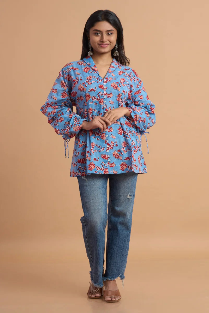 Sky Bloom Hand Block Print Cotton Top