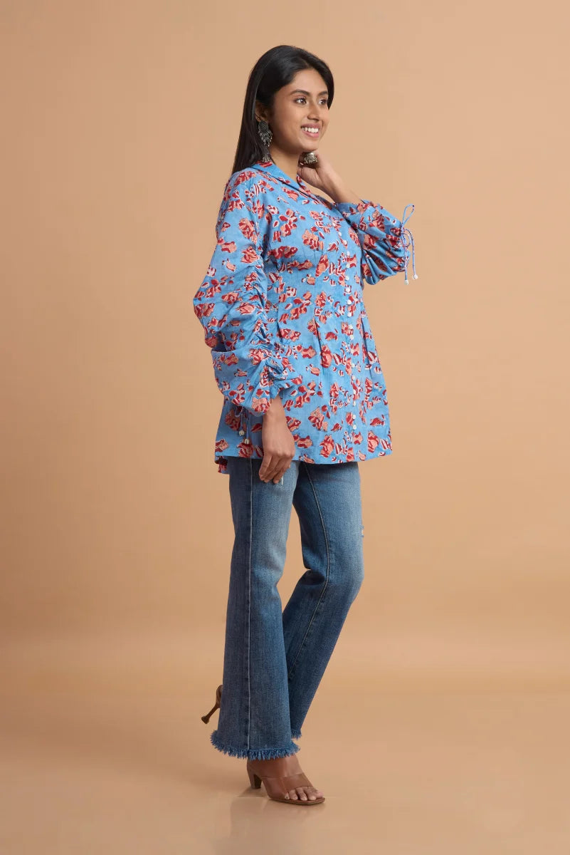 Sky Bloom Hand Block Print Cotton Top