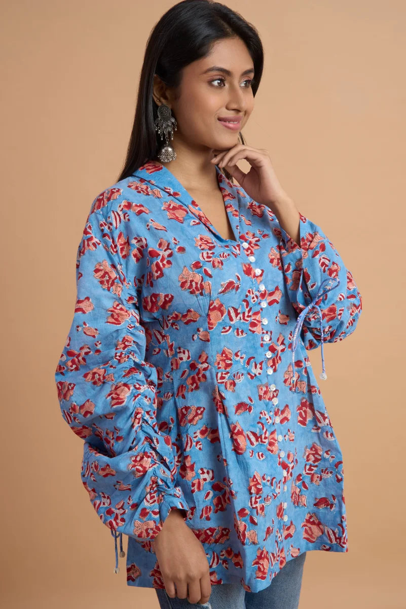 Sky Bloom Hand Block Print Cotton Top