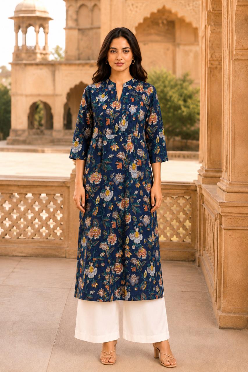 Dark Blue Hand Block Cotton Kurta