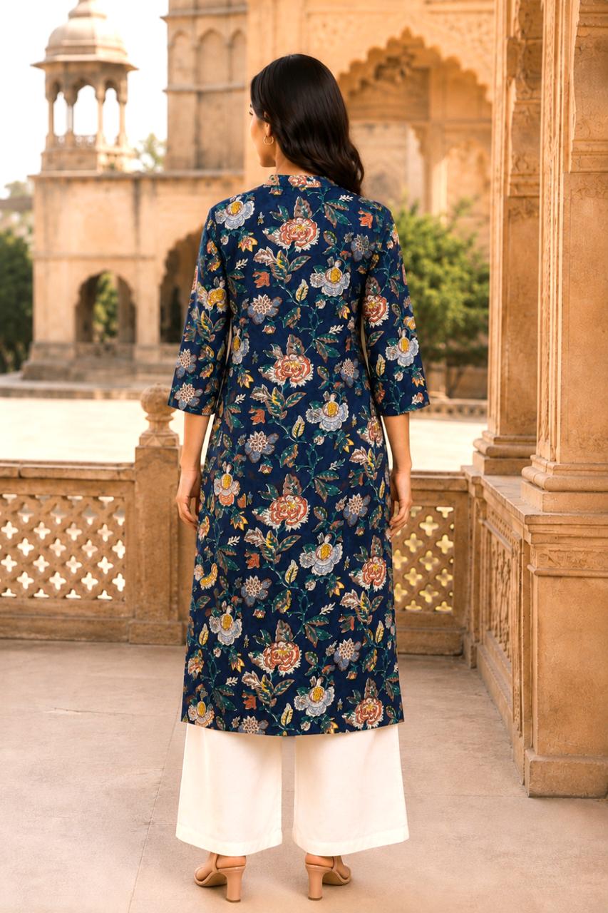 Dark Blue Hand Block Cotton Kurta