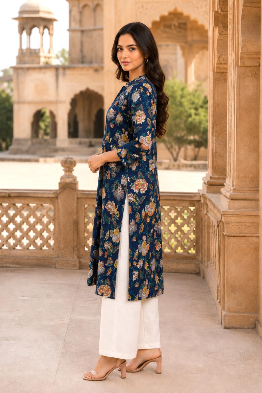 Dark Blue Hand Block Cotton Kurta