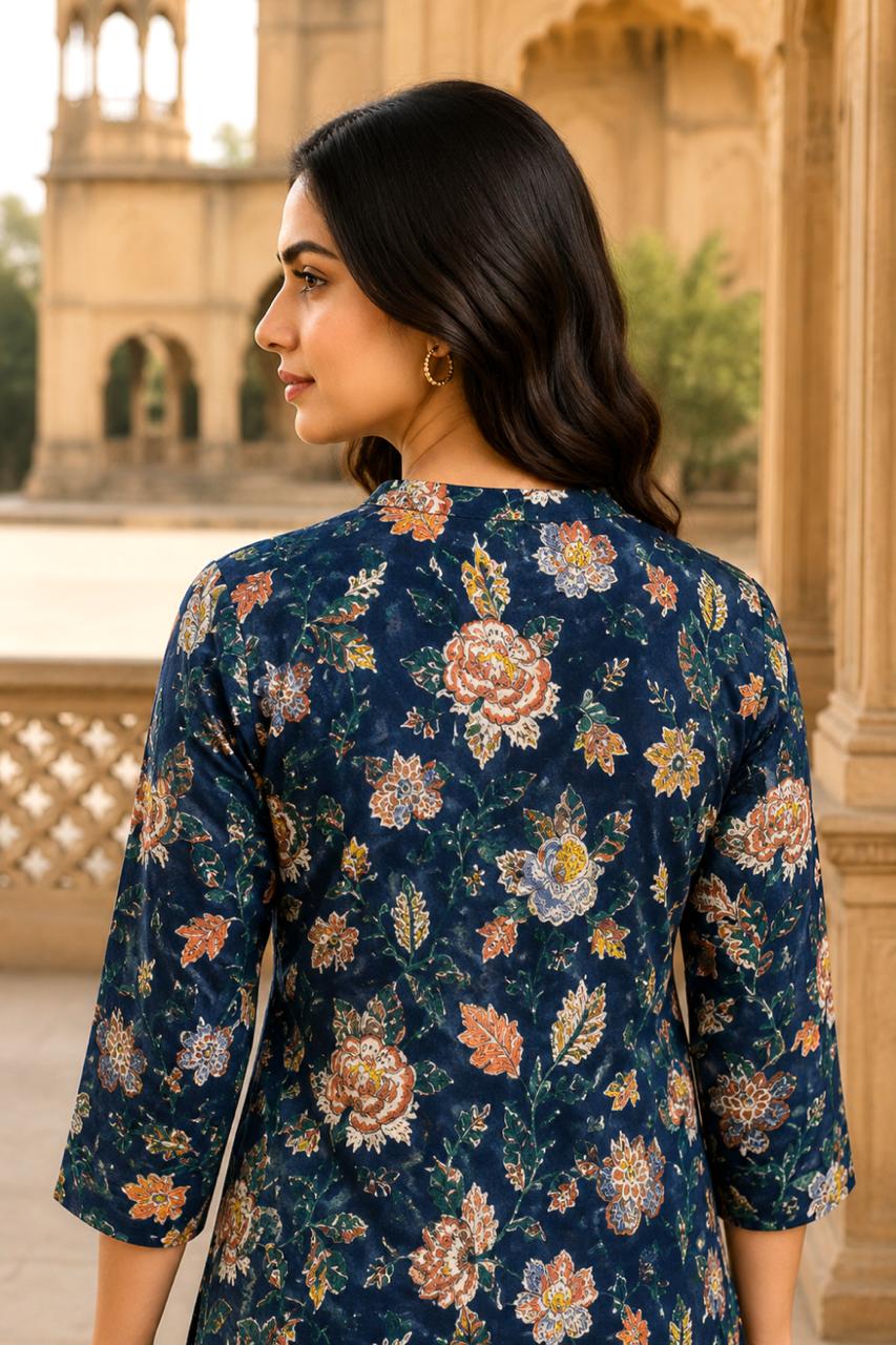Dark Blue Hand Block Cotton Kurta