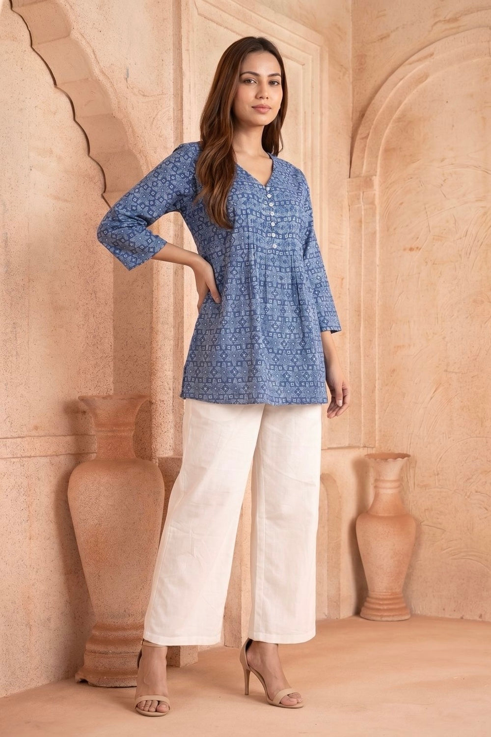 Neel Tara Pintuck Hand Block Printed Cotton Top