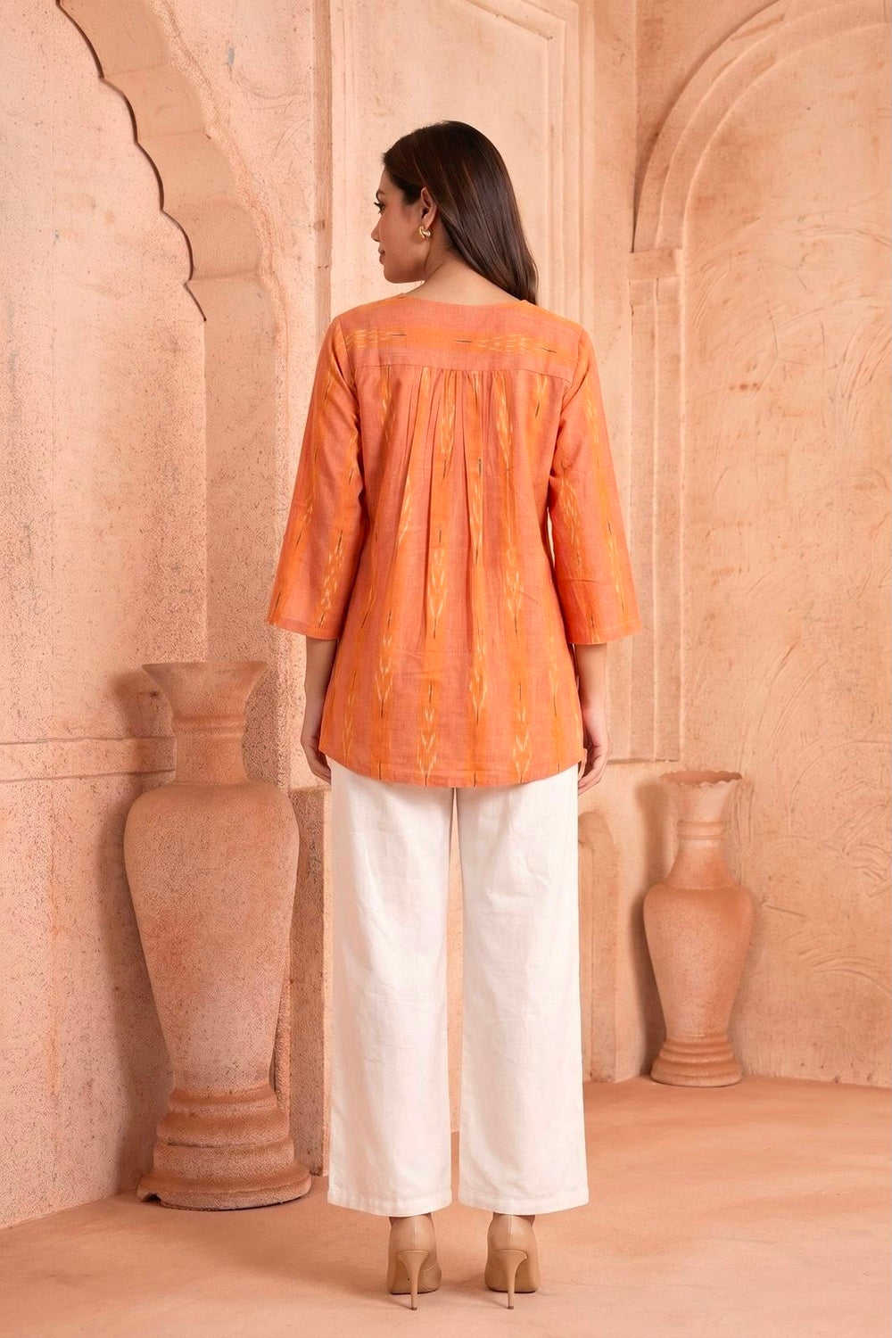 Kesariya Pintuck Hand Block Printed Cotton Top