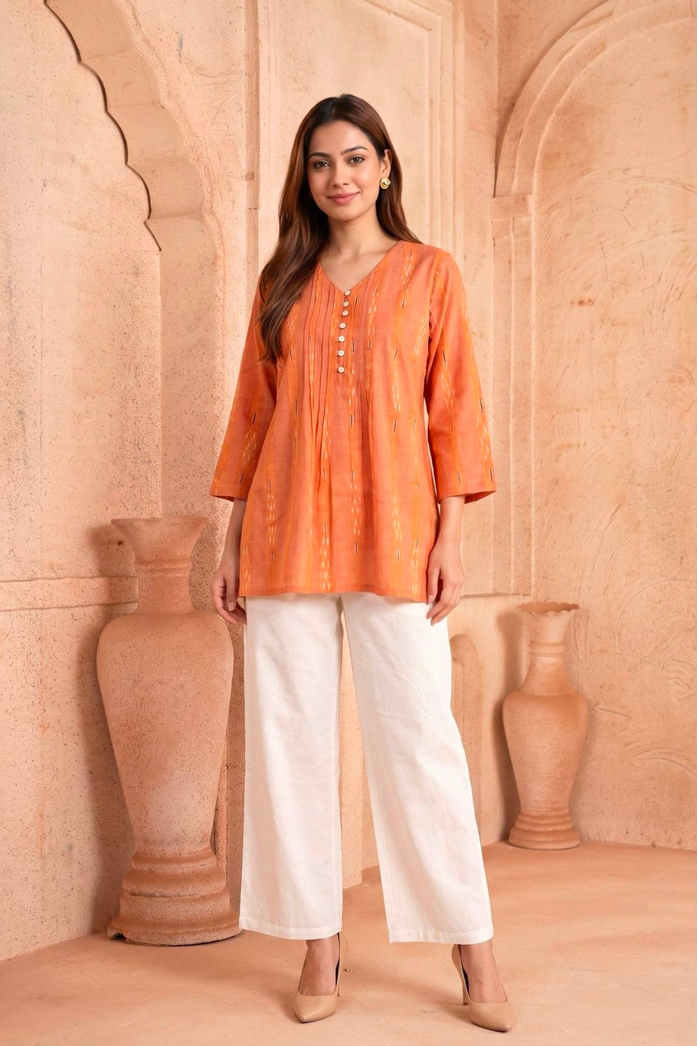 Kesariya Pintuck Hand Block Printed Cotton Top