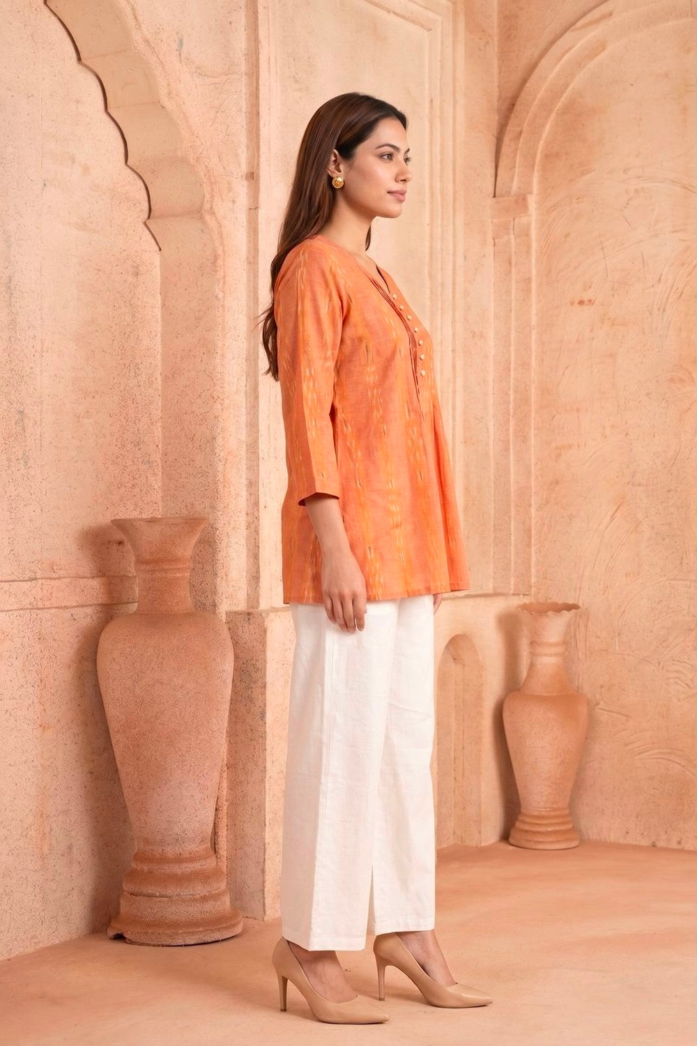 Kesariya Pintuck Hand Block Printed Cotton Top