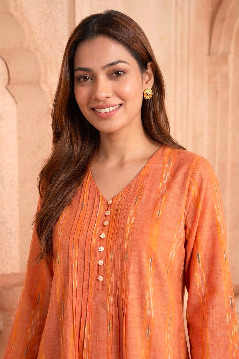 Kesariya Pintuck Hand Block Printed Cotton Top