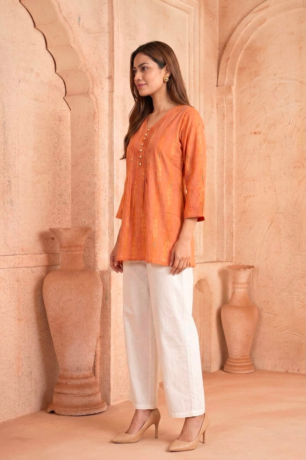 Kesariya Pintuck Hand Block Printed Cotton Top