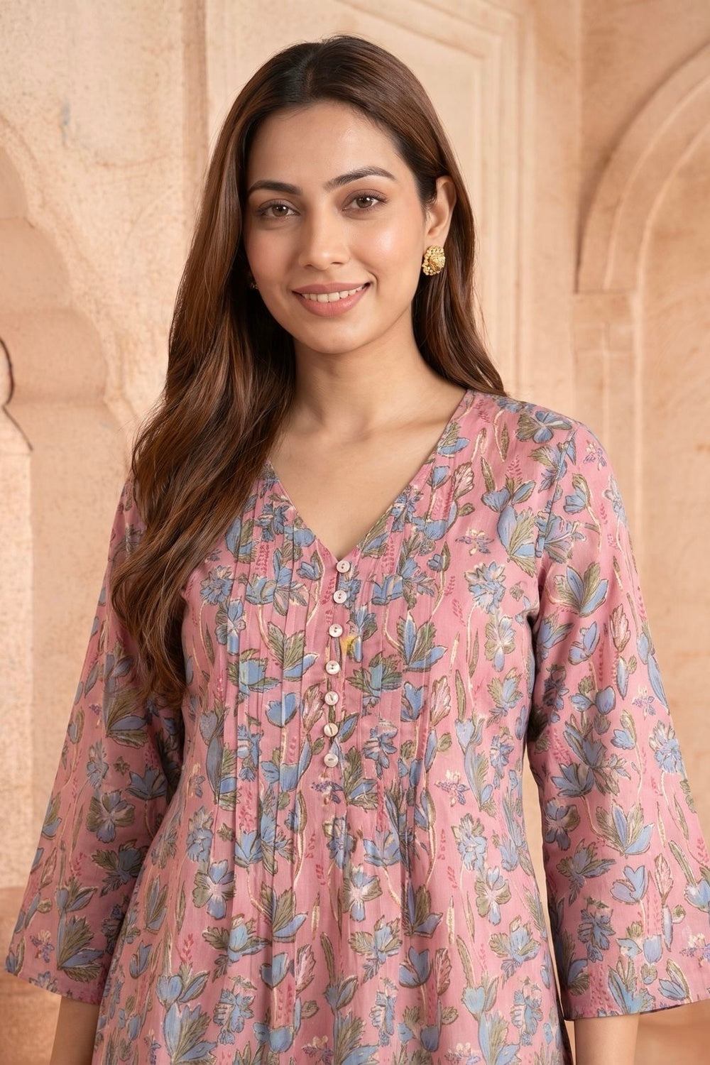 Gulabi Bahaar Pintuck Hand Block Printed Cotton Top