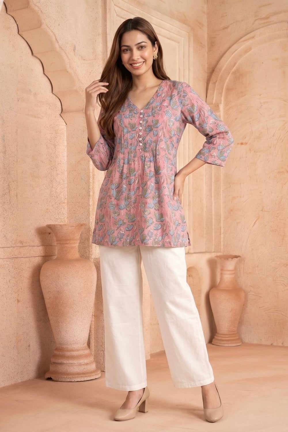 Gulabi Bahaar Pintuck Hand Block Printed Cotton Top