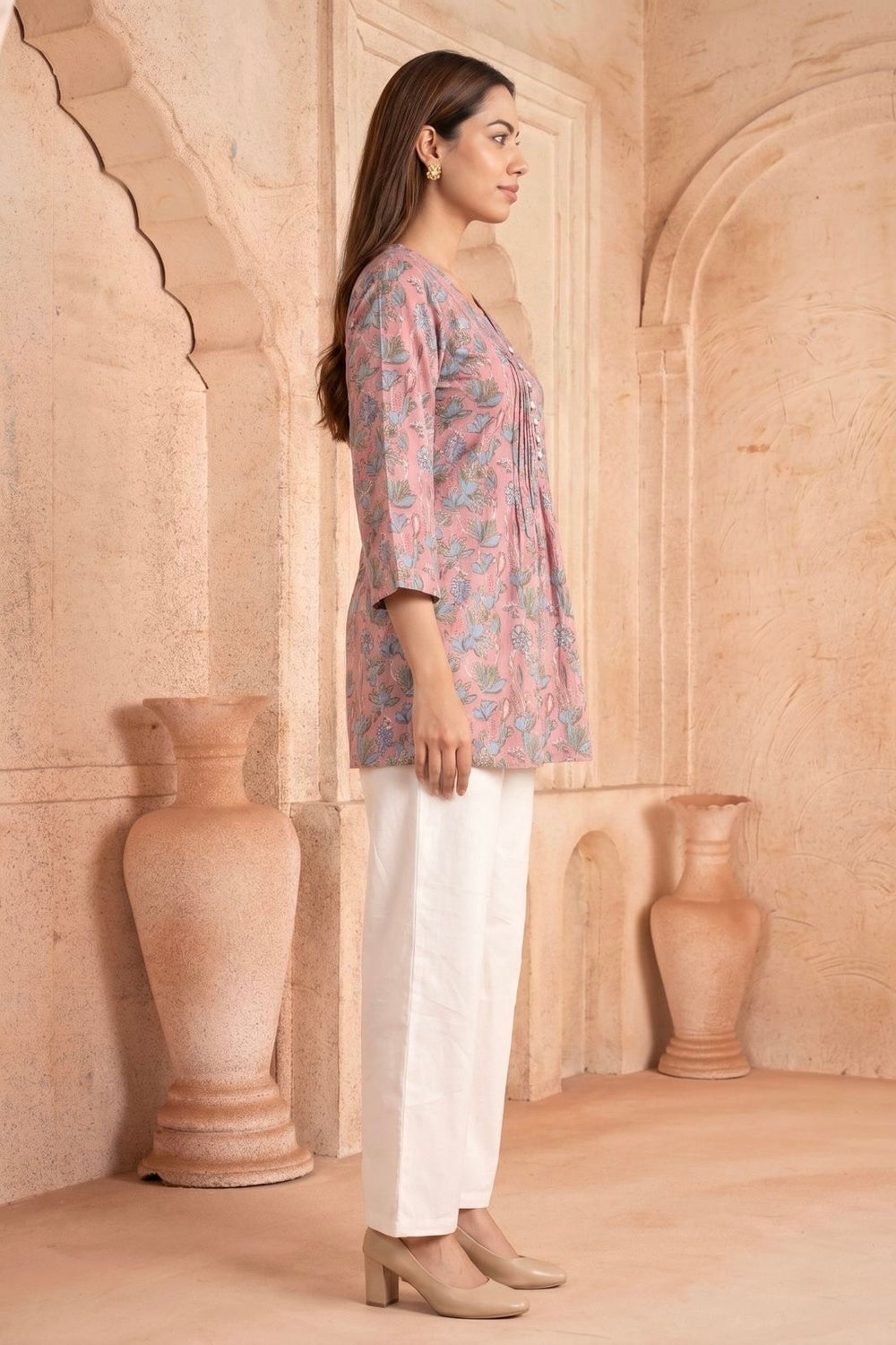 Gulabi Bahaar Pintuck Hand Block Printed Cotton Top