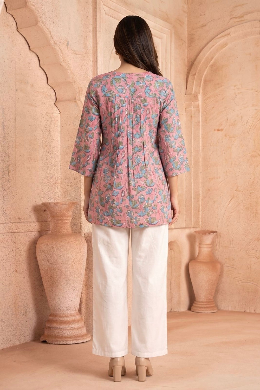 Gulabi Bahaar Pintuck Hand Block Printed Cotton Top