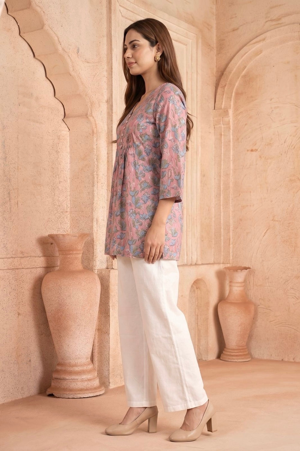 Gulabi Bahaar Pintuck Hand Block Printed Cotton Top