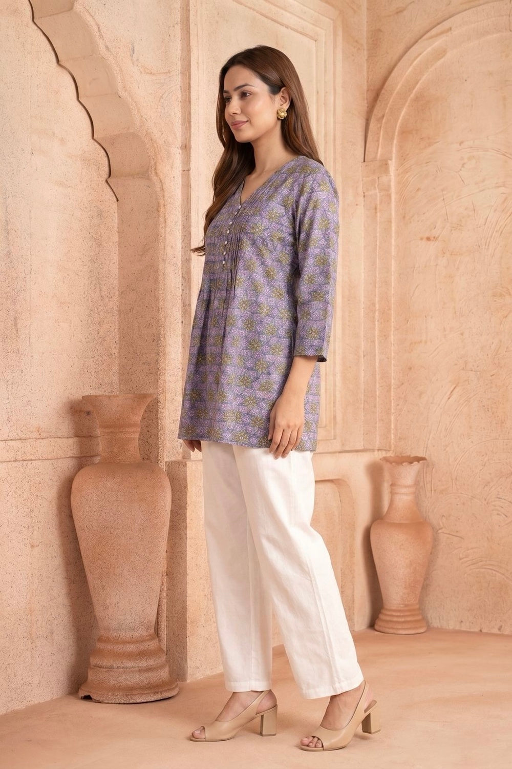 Baingani Phool Pintuck Hand Block Printed Cotton Top