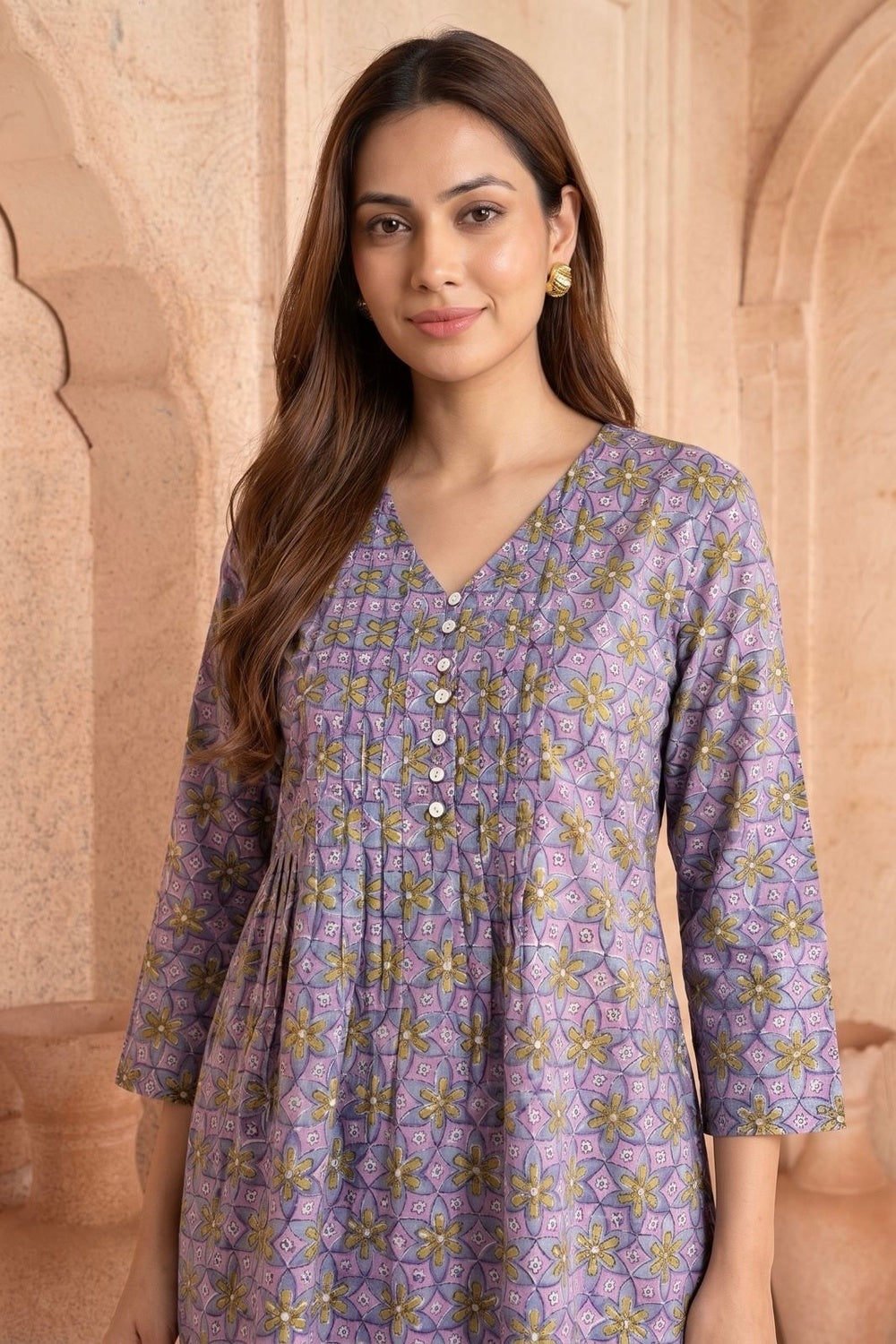 Baingani Phool Pintuck Hand Block Printed Cotton Top