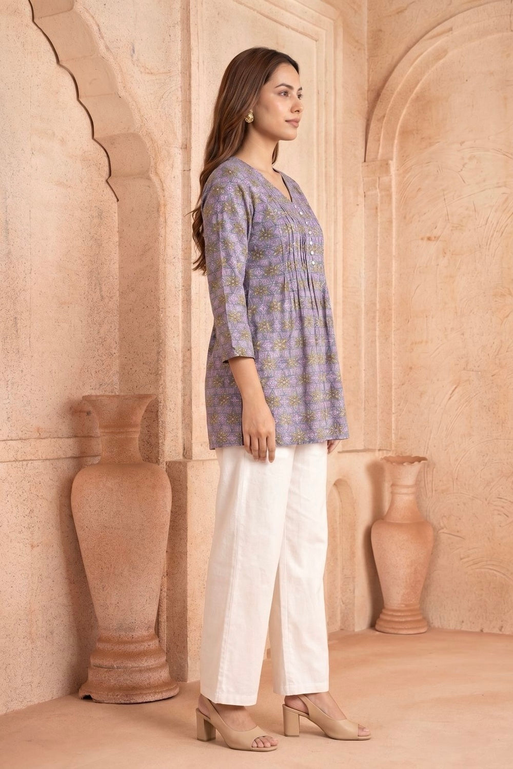 Baingani Phool Pintuck Hand Block Printed Cotton Top