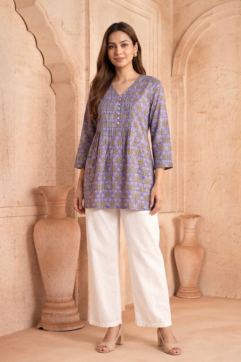Baingani Phool Pintuck Hand Block Printed Cotton Top