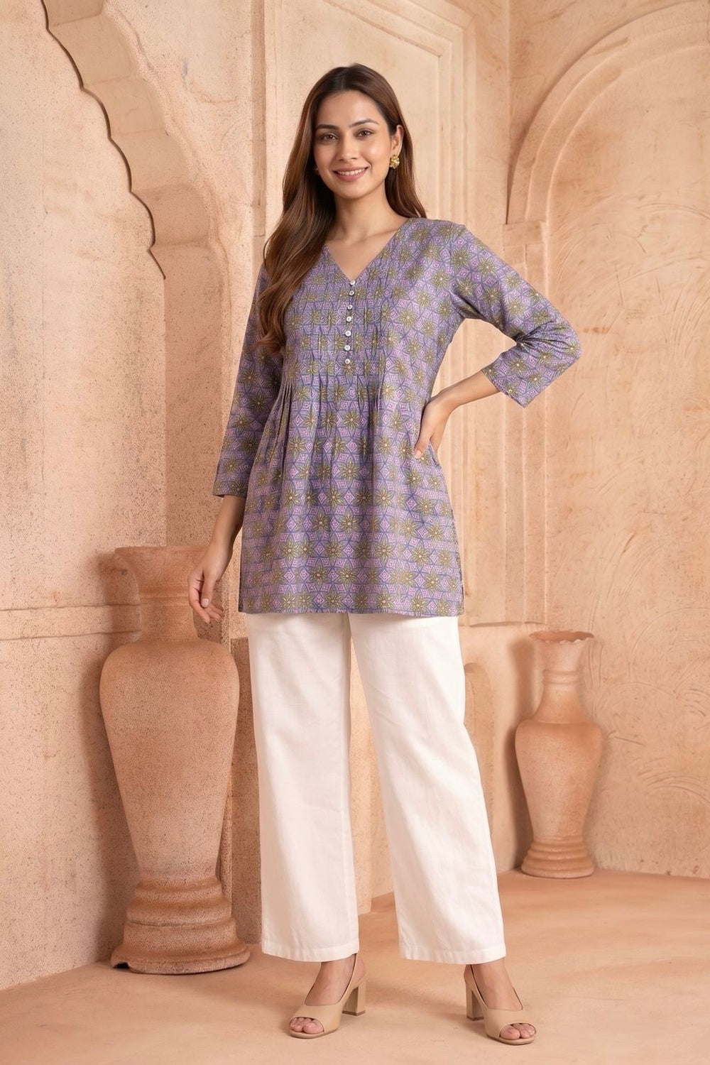 Baingani Phool Pintuck Hand Block Printed Cotton Top