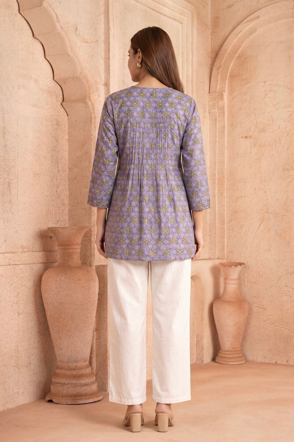 Baingani Phool Pintuck Hand Block Printed Cotton Top