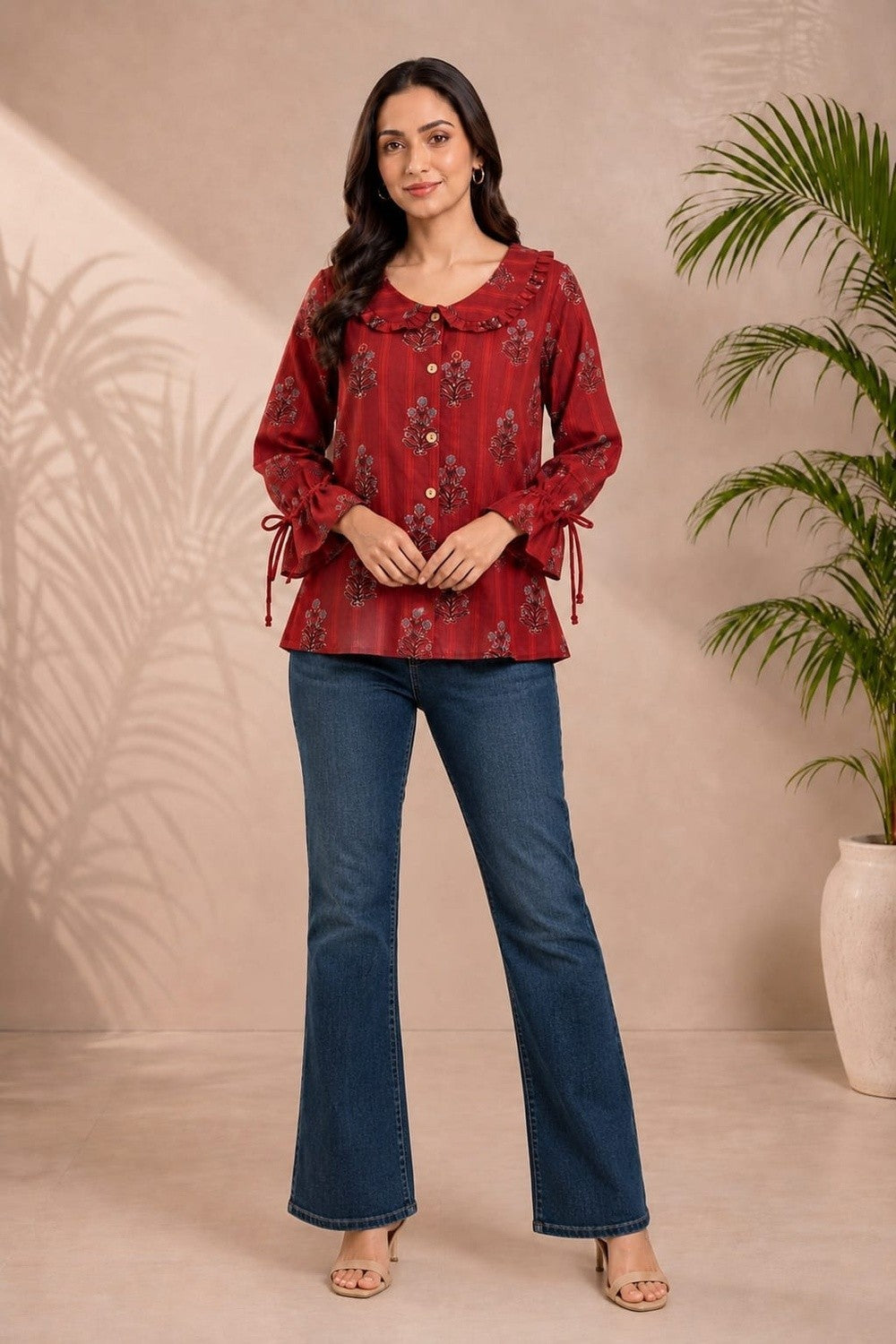 Zariya Ajrakh Ruffle Shirt Top