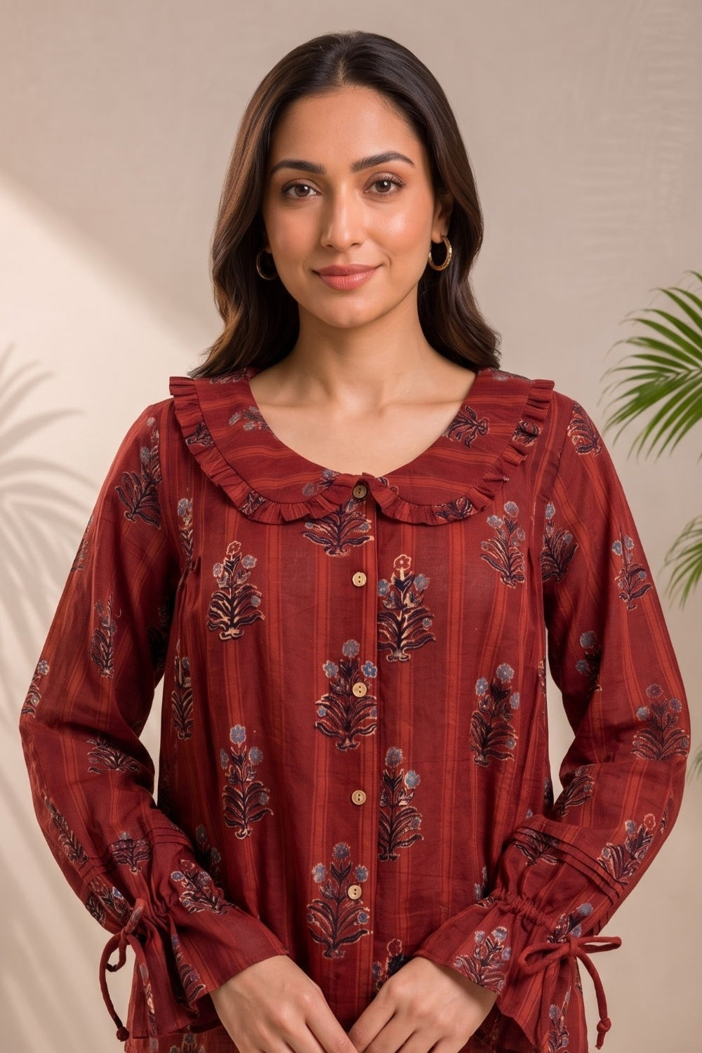 Zariya Ajrakh Ruffle Shirt Top