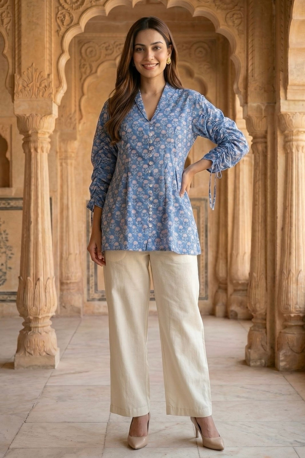 Blue Blossom Hand Block Print Cotton Top