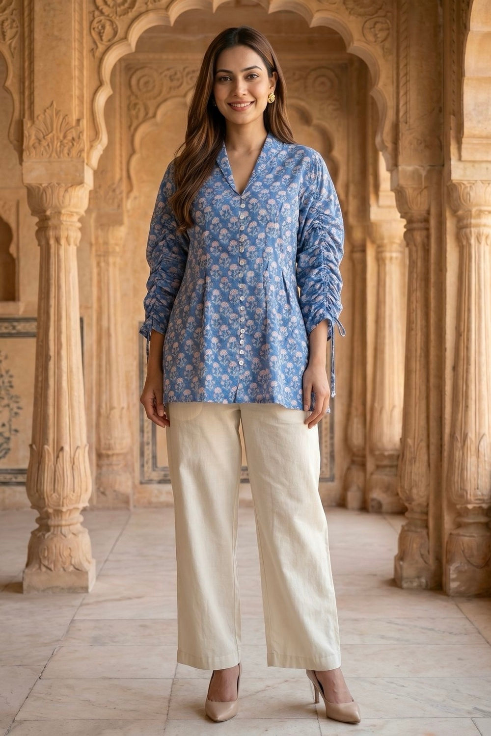 Blue Blossom Hand Block Print Cotton Top