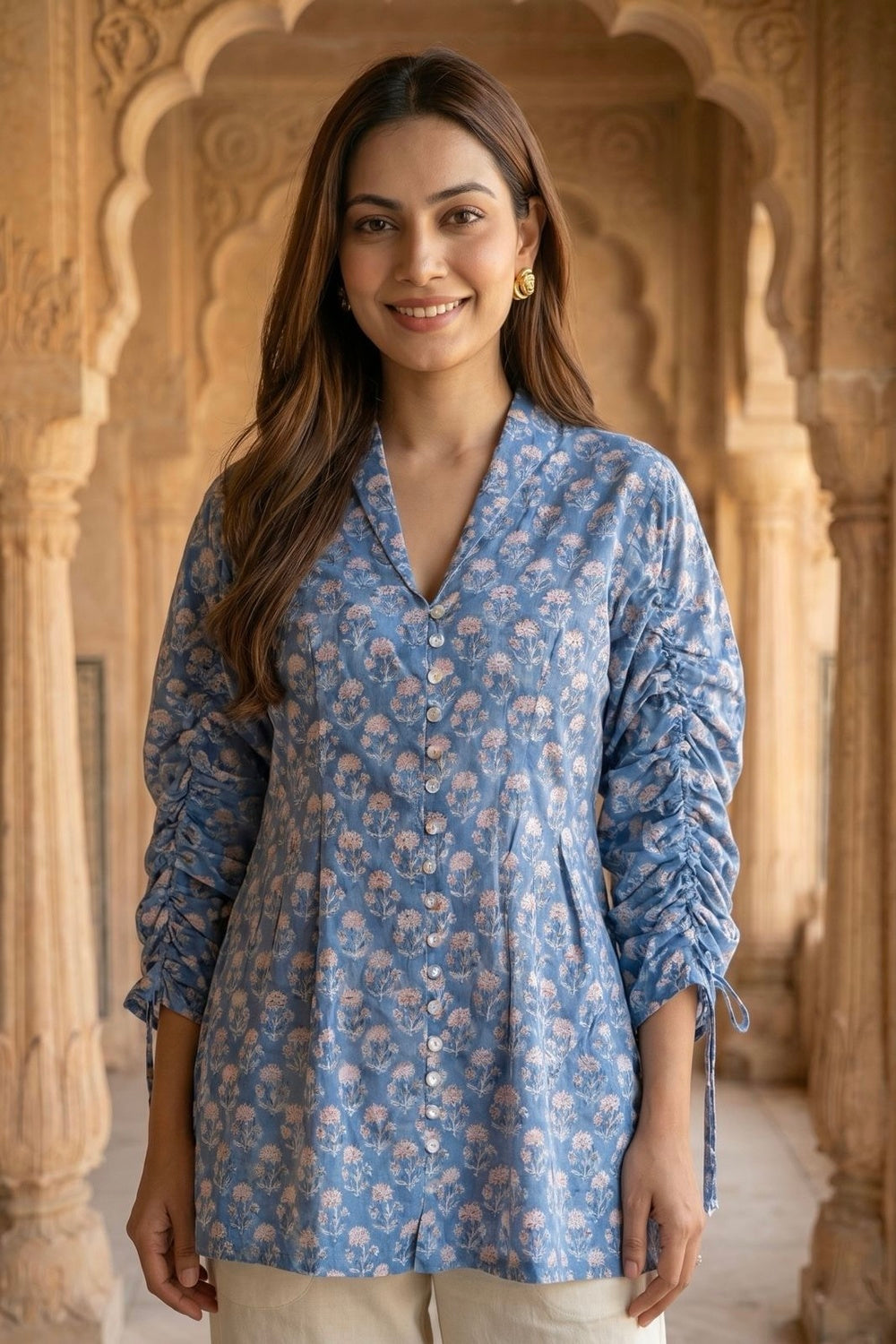 Blue Blossom Hand Block Print Cotton Top