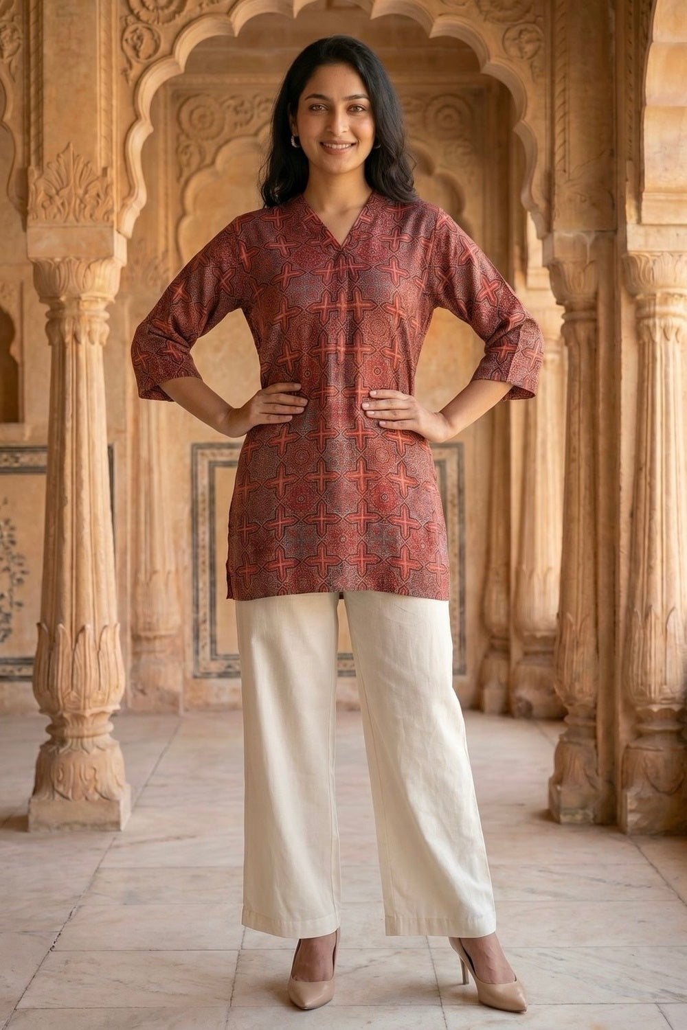 Crimson Weave Ajrakh Modal Kaftan Top