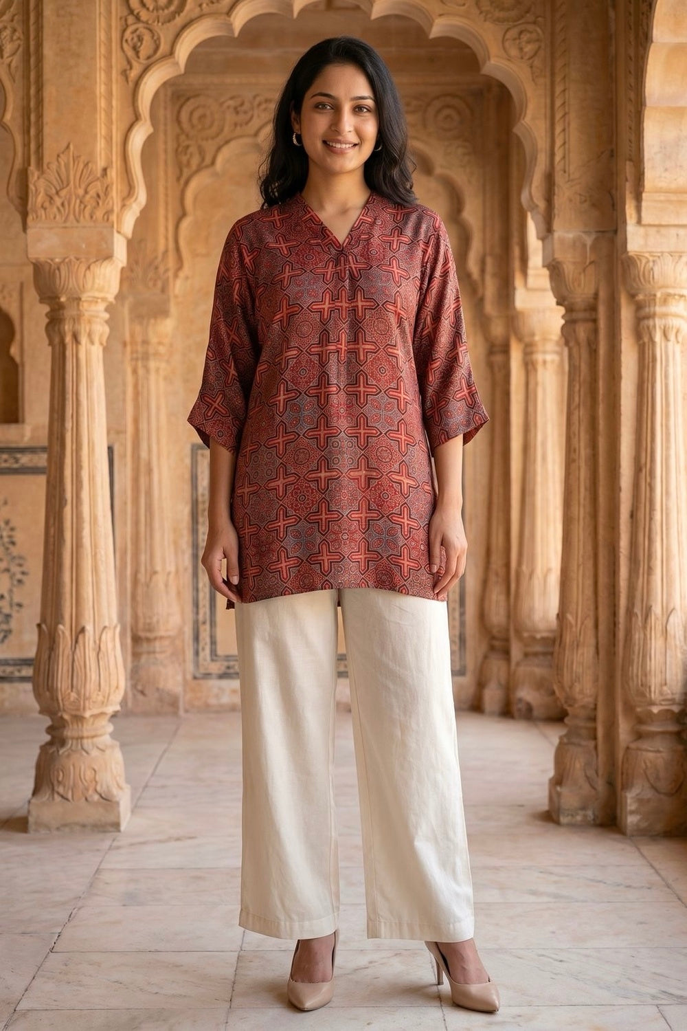 Crimson Weave Ajrakh Modal Kaftan Top